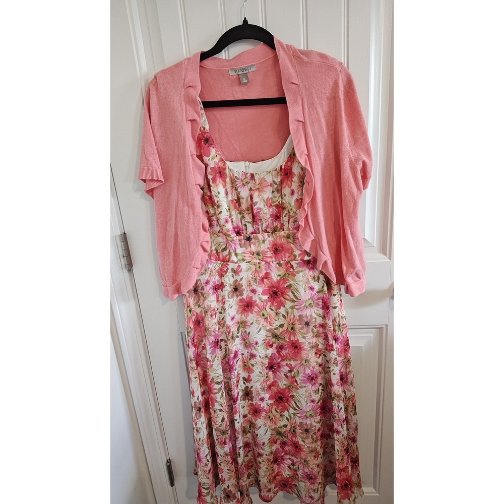 Women Size 14 Dressbarn Roz & Ali Pink Floral Chiffon Midi Dress Cardigan Set